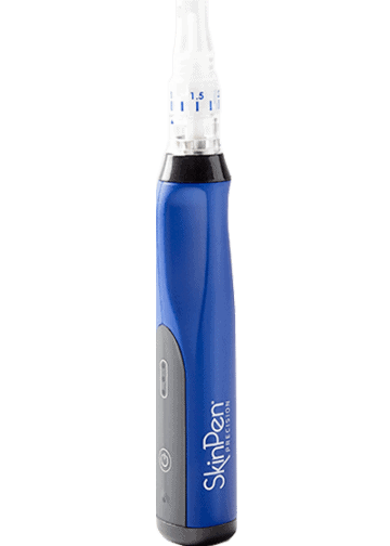 A photo of the SkinPen, our top pick for best microneedling pen for professional use. The body of the microneedling pen in blue with a clear plastic tip. The pen features the SkinPen logo toward the bottom in white font. 